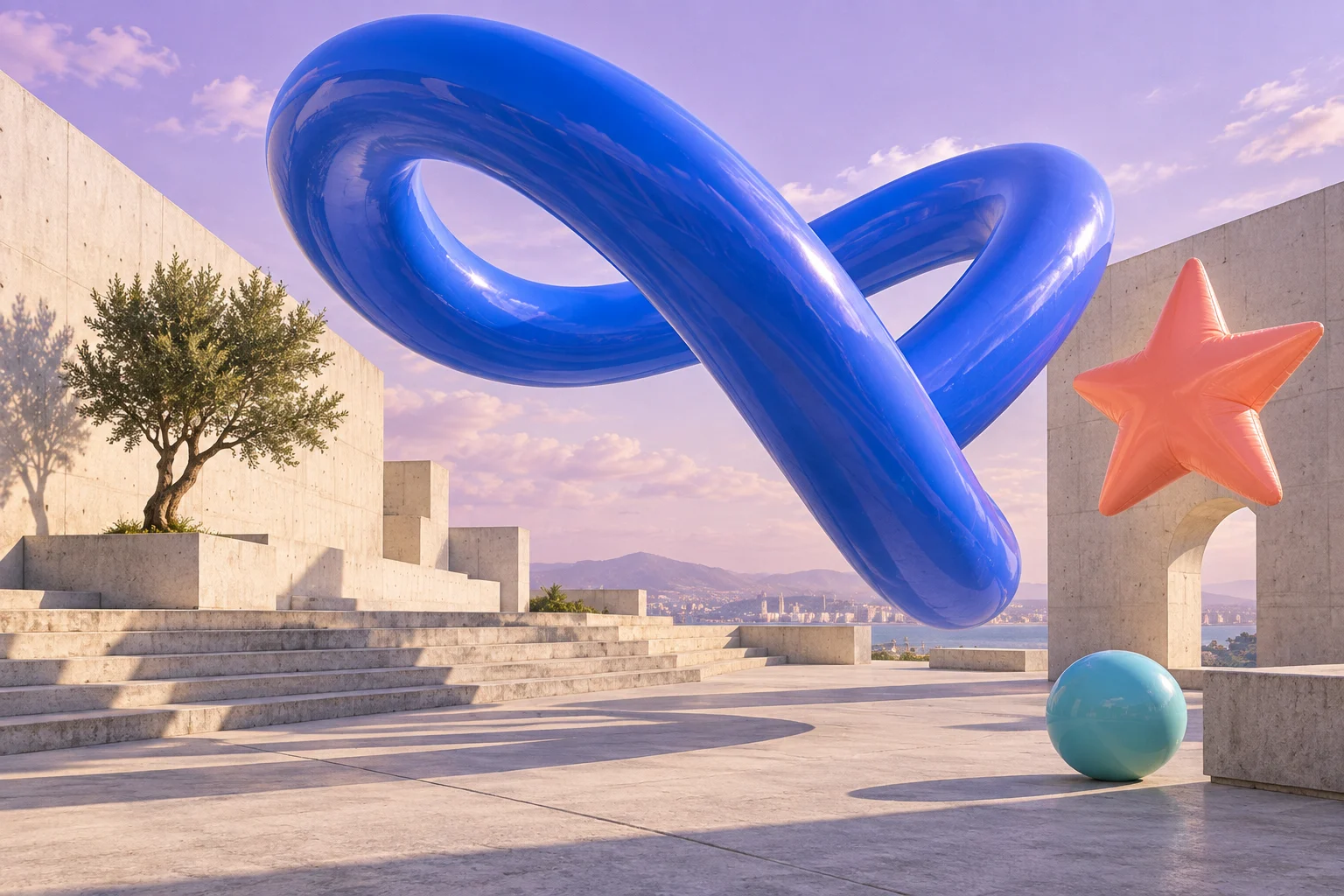 Interpretación artística: una pincelada azul y formas flotantes intervienen una plaza.